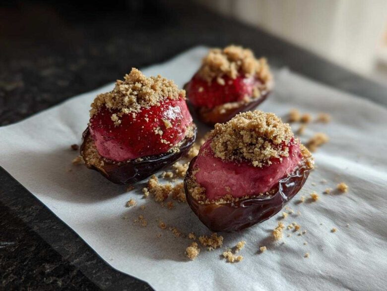 Three No-Bake Strawberry Cheesecake Stuffed Dates topped with graham cracker crumbs on parchment paper.