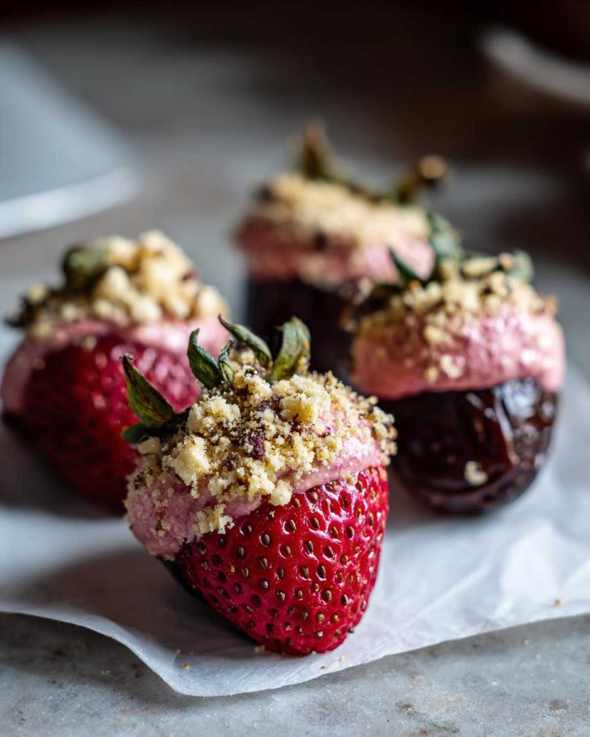 Close-up of No-Bake Strawberry Cheesecake Stuffed Dates, featuring a strawberry topped with pink filling and crumble.