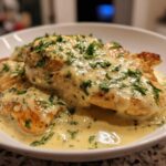 Two golden-brown One-Pan Creamy Garlic Butter Turkey Cutlets smothered in rich sauce and topped with fresh parsley.