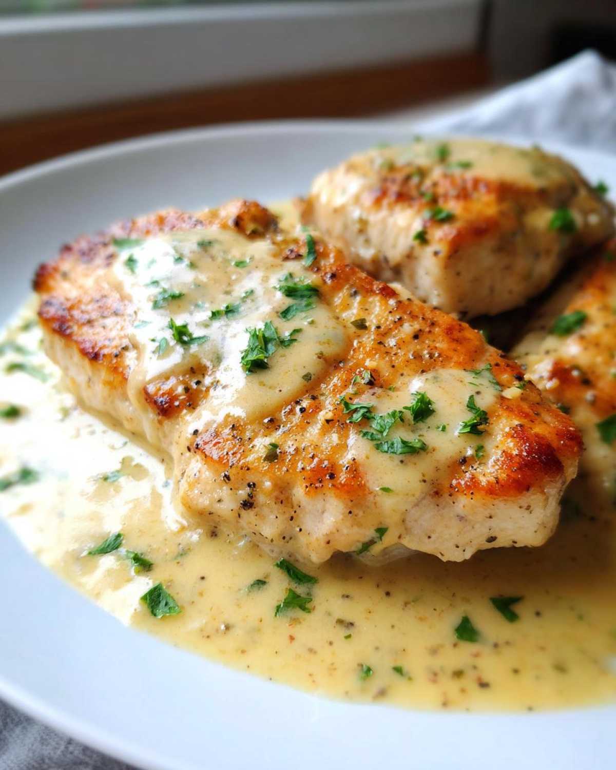 Close-up of seared One-Pan Creamy Garlic Butter Turkey Cutlets smothered in a rich, creamy garlic sauce and sprinkled with parsley.