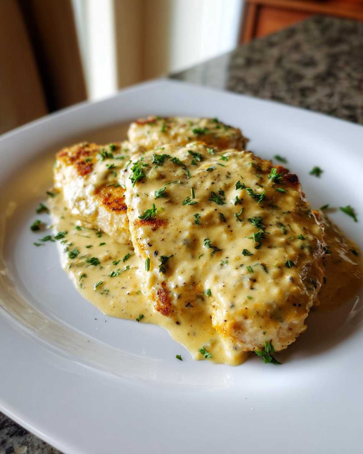 Three seared turkey cutlets smothered in creamy garlic butter sauce and topped with fresh parsley.