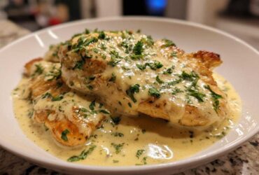 Two golden-brown One-Pan Creamy Garlic Butter Turkey Cutlets smothered in rich sauce and topped with fresh parsley.