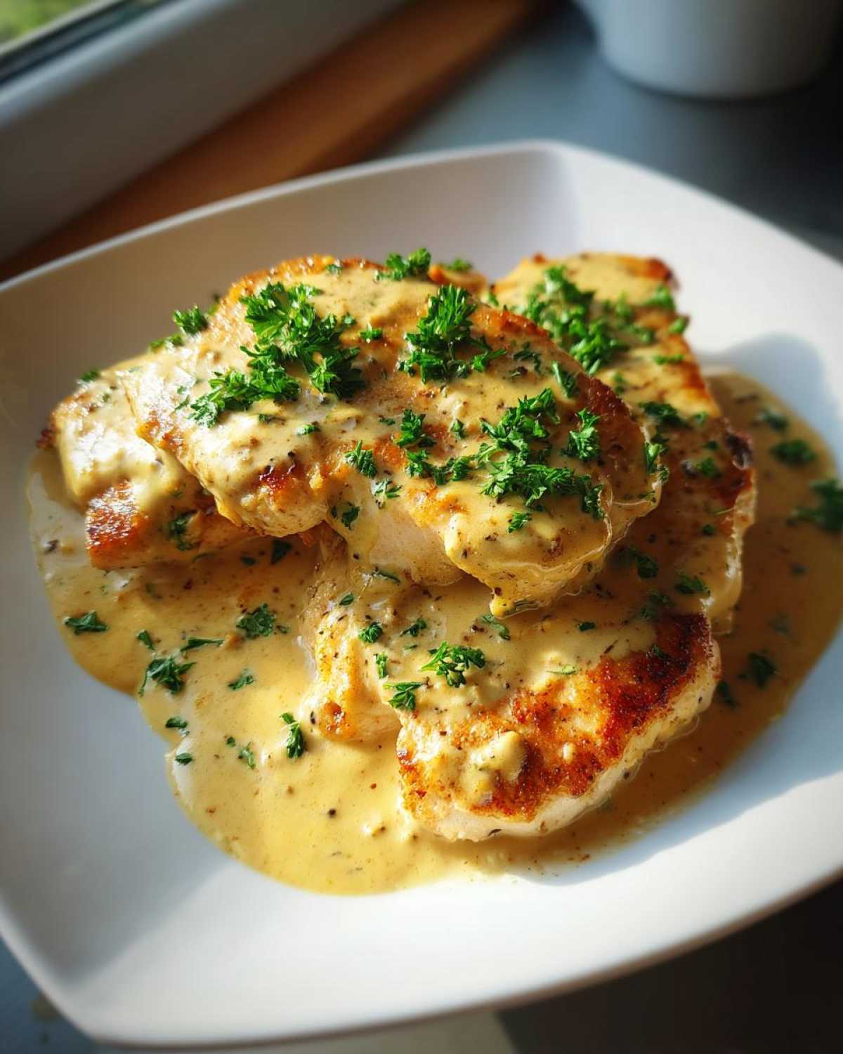 Close-up of seared turkey cutlets smothered in creamy garlic butter sauce and topped with fresh parsley.