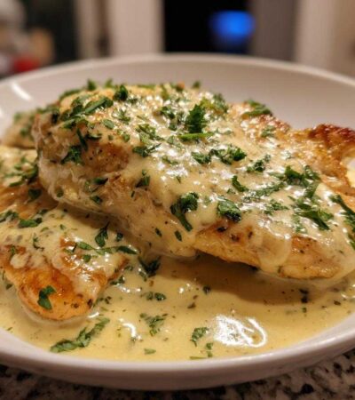 Two golden-brown One-Pan Creamy Garlic Butter Turkey Cutlets smothered in rich sauce and topped with fresh parsley.