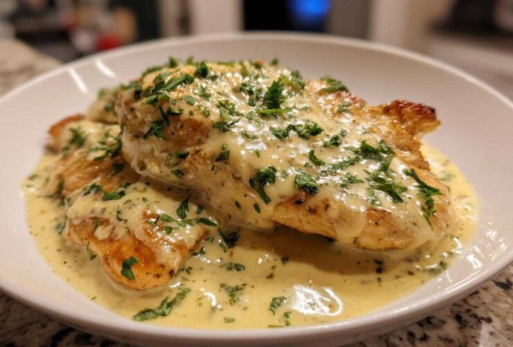 Two golden-brown One-Pan Creamy Garlic Butter Turkey Cutlets smothered in rich sauce and topped with fresh parsley.