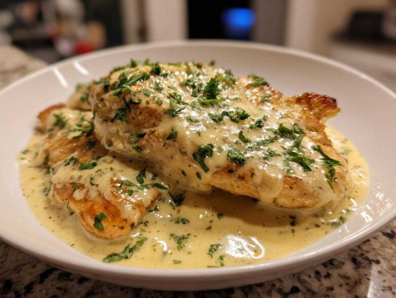 Two golden-brown One-Pan Creamy Garlic Butter Turkey Cutlets smothered in rich sauce and topped with fresh parsley.