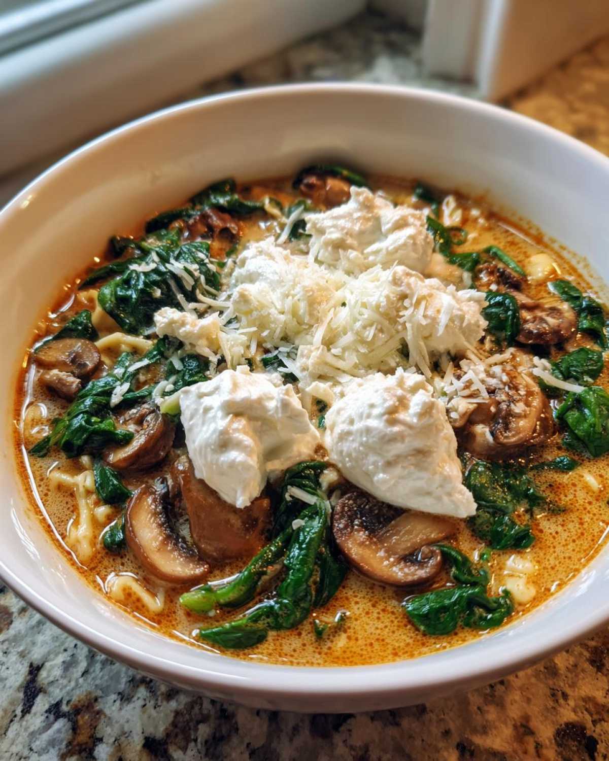 A close-up of One-Pot Creamy Spinach Mushroom Lasagna Soup topped with dollops of ricotta and shredded parmesan.