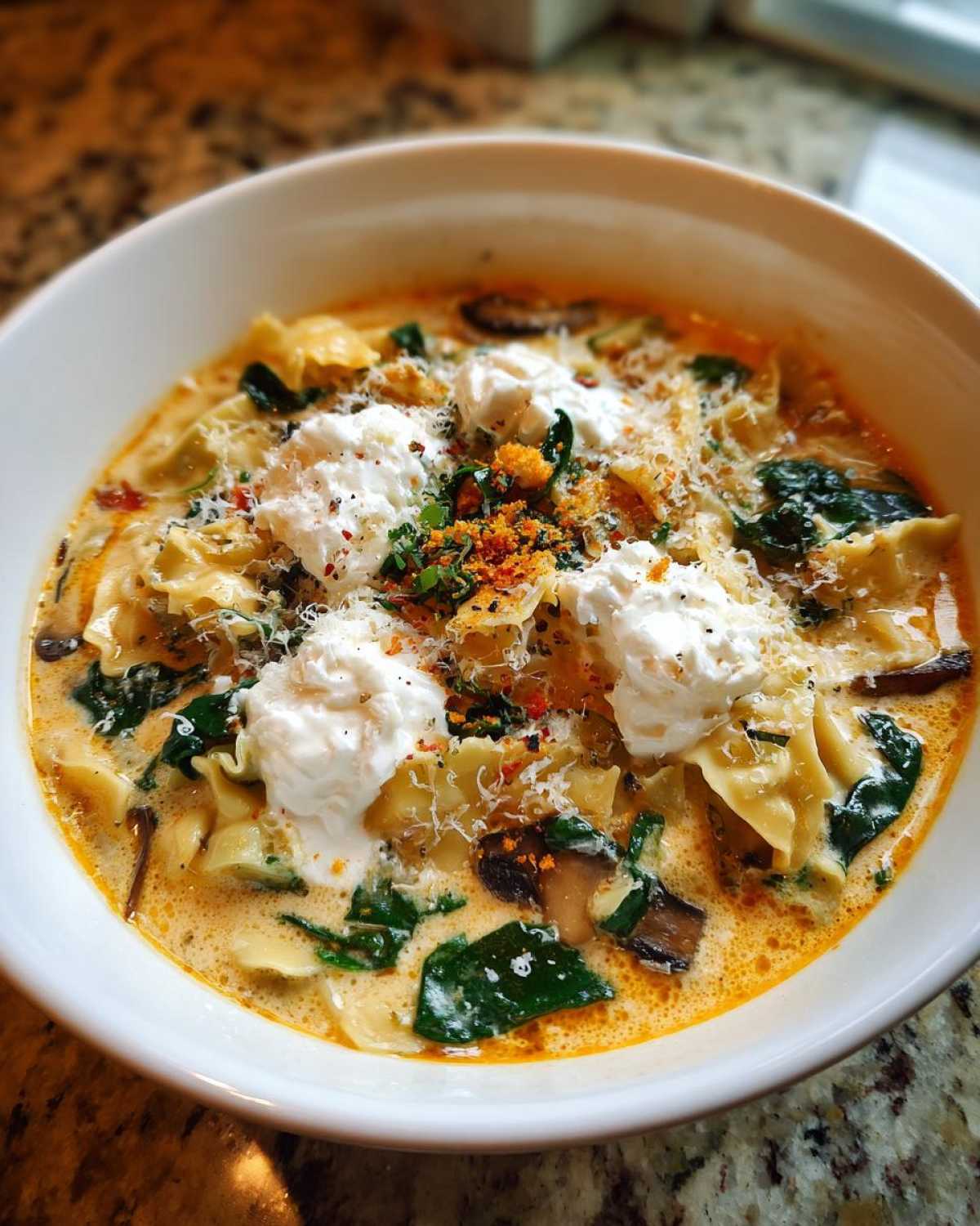 A close-up view of a bowl of One-Pot Creamy Spinach Mushroom Lasagna Soup topped with dollops of ricotta and Parmesan.