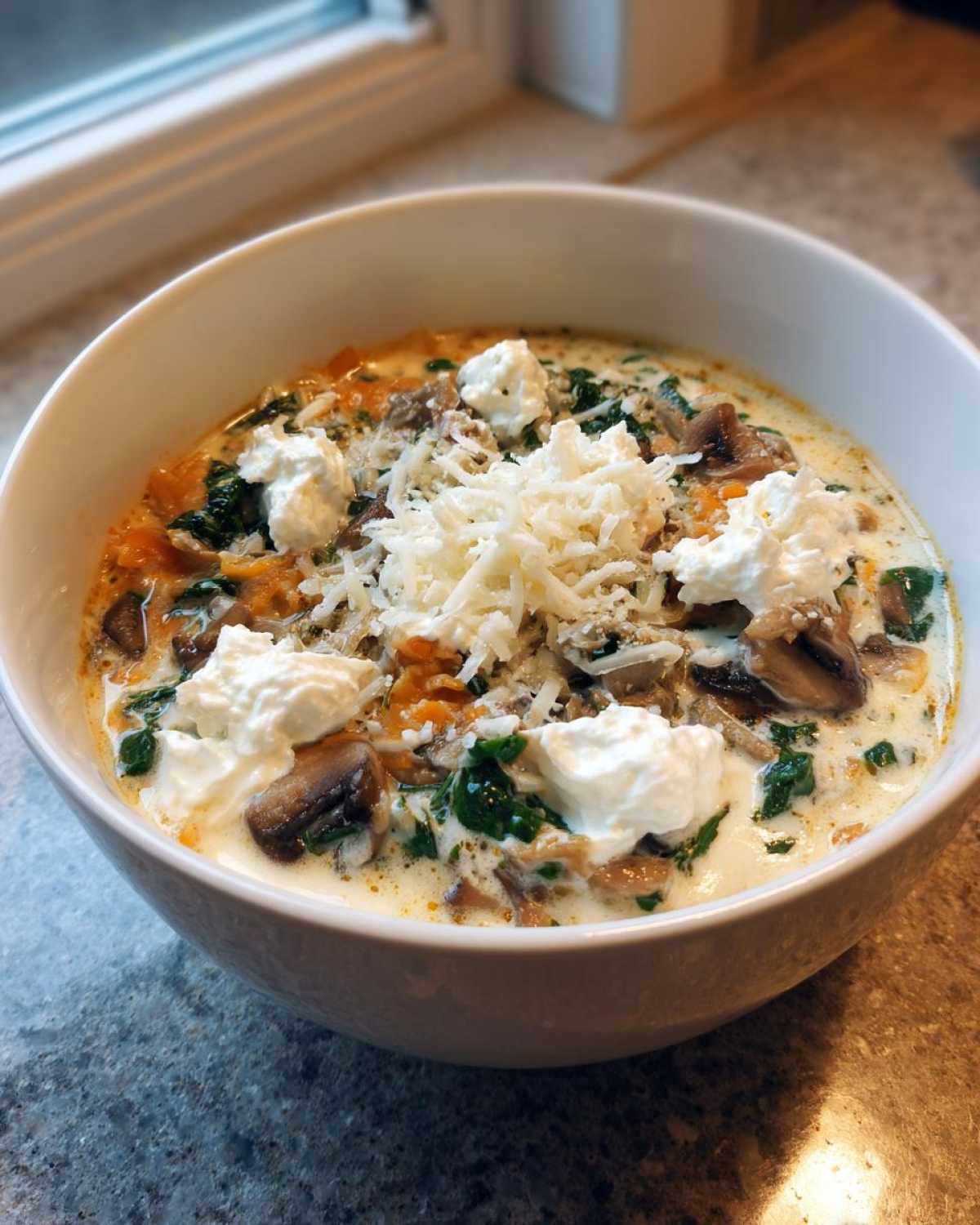 A close-up of One-Pot Creamy Spinach Mushroom Lasagna Soup topped with dollops of ricotta and shredded mozzarella.