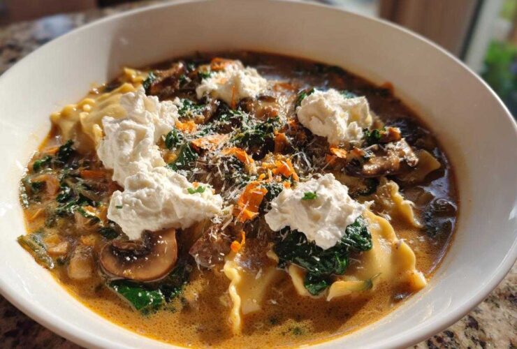 A close-up of a bowl of One-Pot Creamy Spinach Mushroom Lasagna Soup topped with dollops of ricotta cheese.