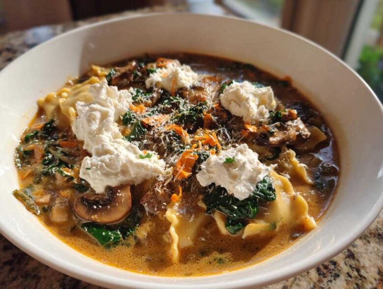 A close-up of a bowl of One-Pot Creamy Spinach Mushroom Lasagna Soup topped with dollops of ricotta cheese.
