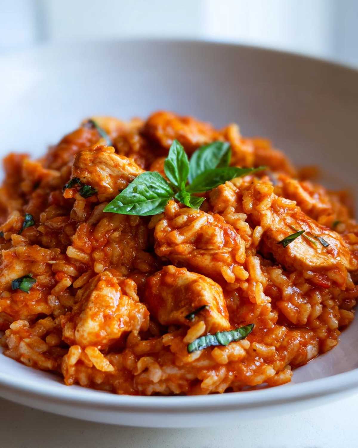 Close-up of One-Pot Creamy Tomato Basil Chicken and Rice topped with fresh basil leaves.
