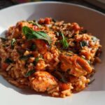 Close-up of One-Pot Creamy Tomato Basil Chicken and Rice garnished with fresh basil leaves.