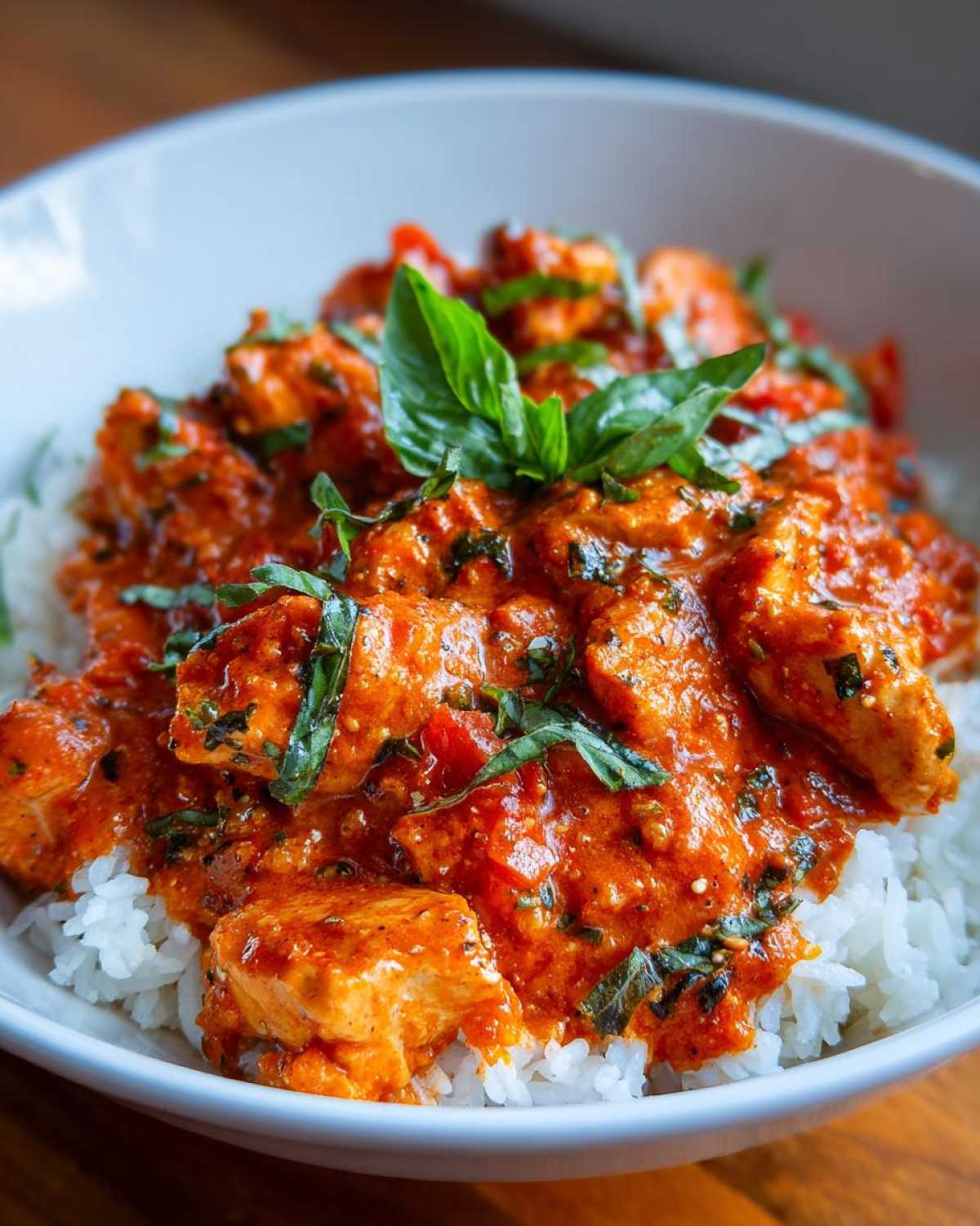 Close-up of One-Pot Creamy Tomato Basil Chicken and Rice served over white rice, garnished with fresh basil.