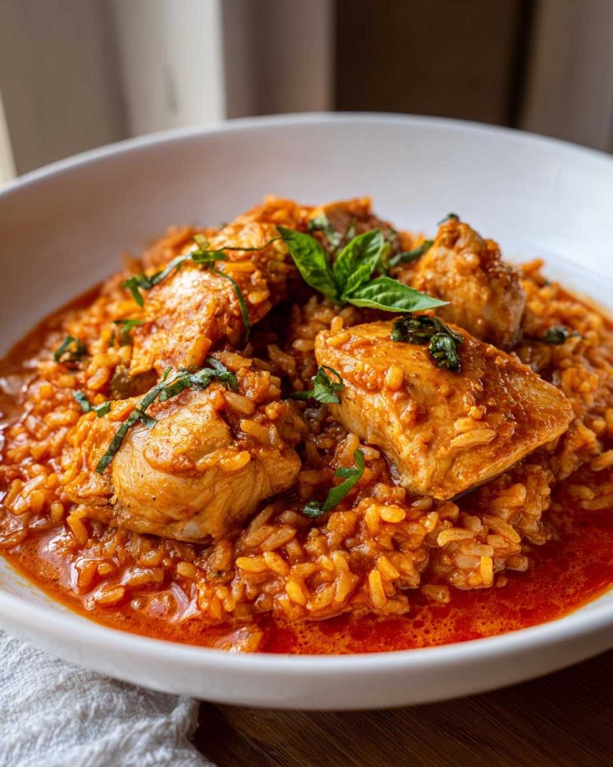 A close-up of One-Pot Creamy Tomato Basil Chicken and Rice served in a white bowl, garnished with fresh basil.