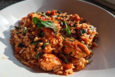 Close-up of One-Pot Creamy Tomato Basil Chicken and Rice garnished with fresh basil leaves.