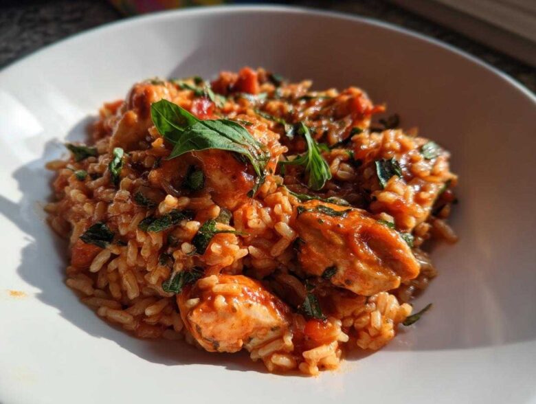 Close-up of One-Pot Creamy Tomato Basil Chicken and Rice garnished with fresh basil leaves.