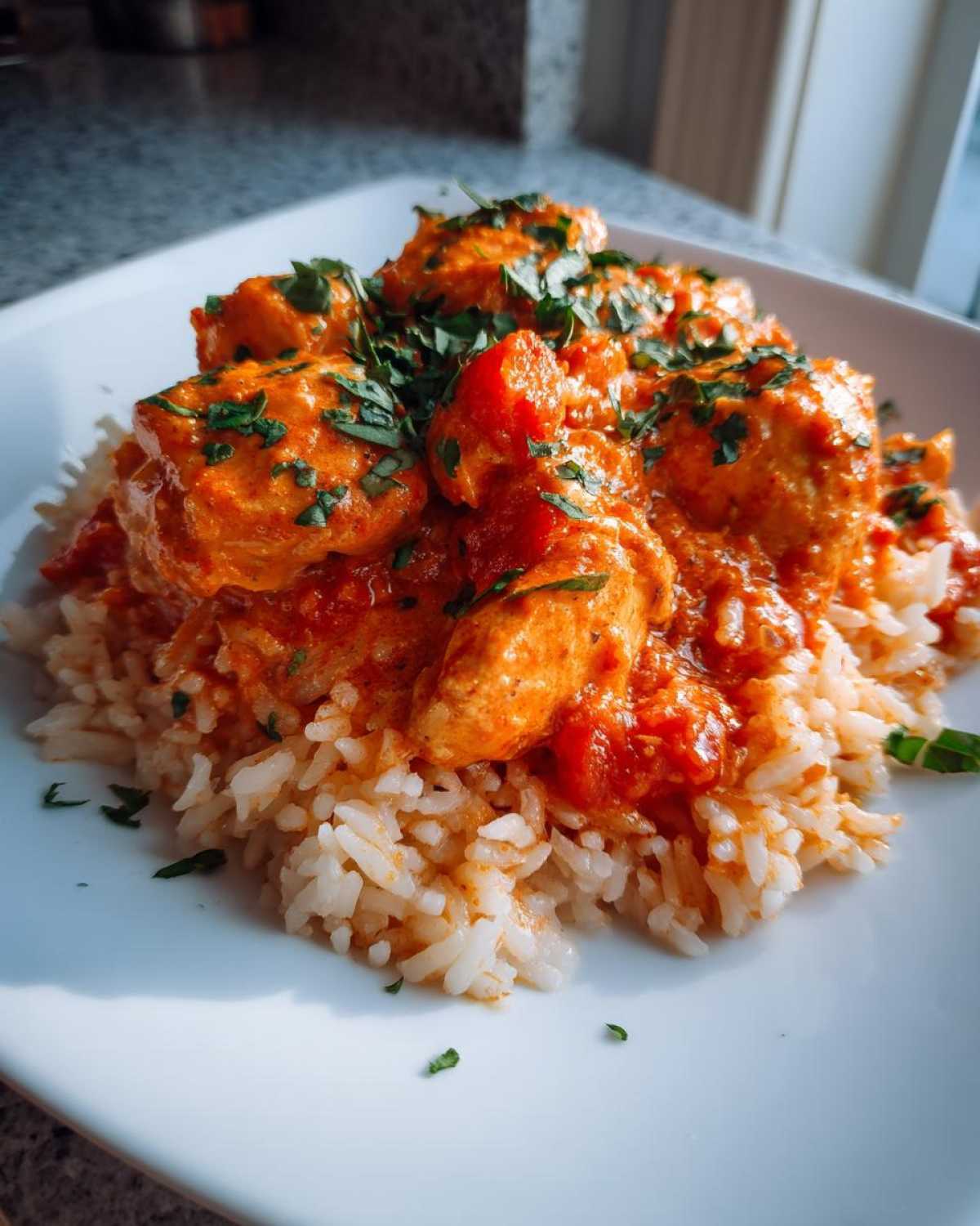 A close-up of creamy tomato basil chicken served over white rice, garnished with fresh herbs.