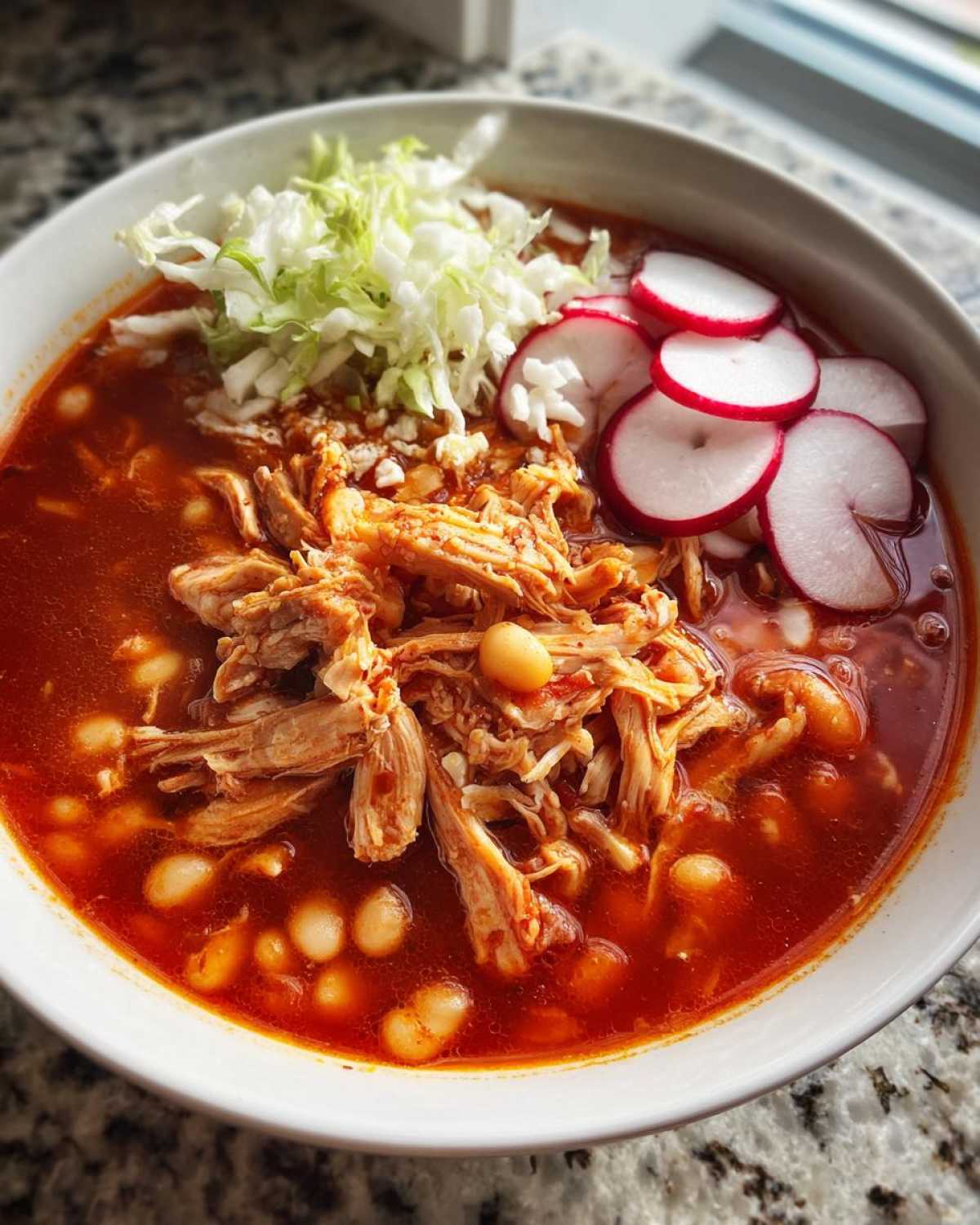 Close-up of a hearty bowl of red chicken pozole, featuring shredded chicken, hominy, and garnished with shredded lettuce and sliced radishes.