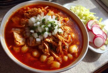 A vibrant bowl of red chicken pozole, filled with shredded chicken and hominy, topped with diced white onion and cilantro.