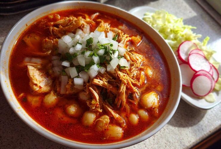 A vibrant bowl of red chicken pozole, filled with shredded chicken and hominy, topped with diced white onion and cilantro.