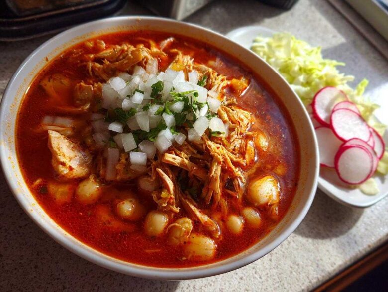A vibrant bowl of red chicken pozole, filled with shredded chicken and hominy, topped with diced white onion and cilantro.