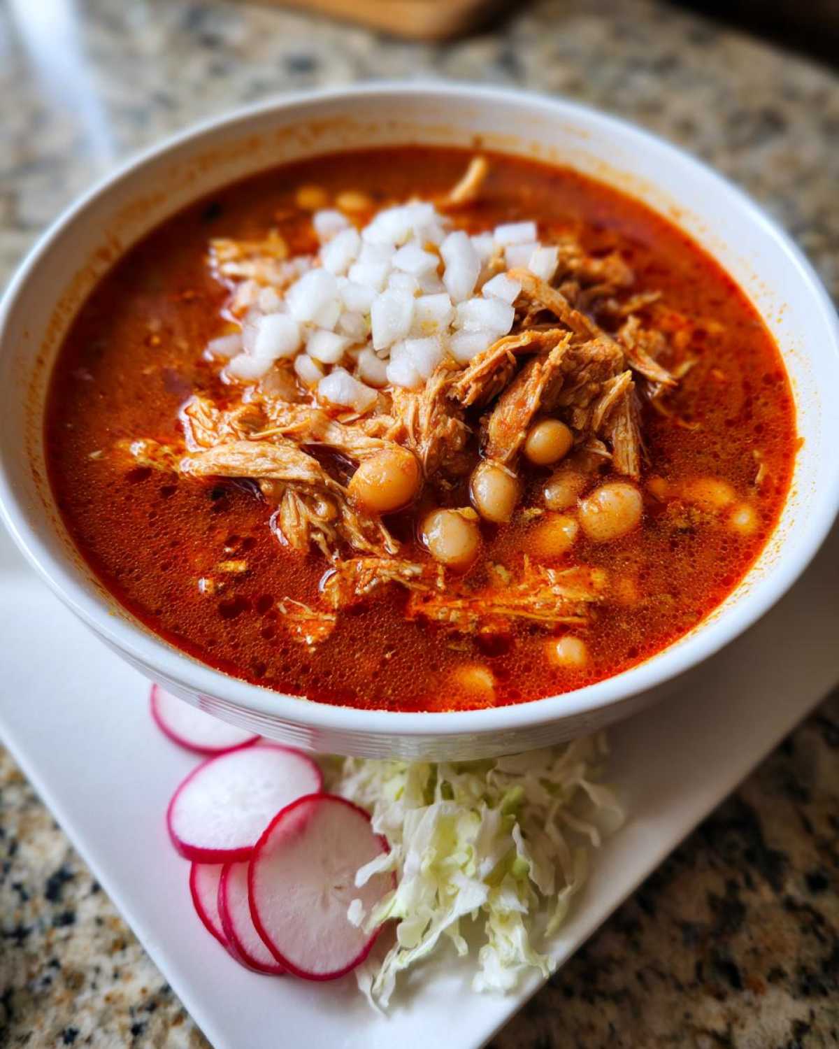 A vibrant bowl of red chicken pozole topped with shredded chicken, hominy, and diced white onion, served with radishes and shredded cabbage.