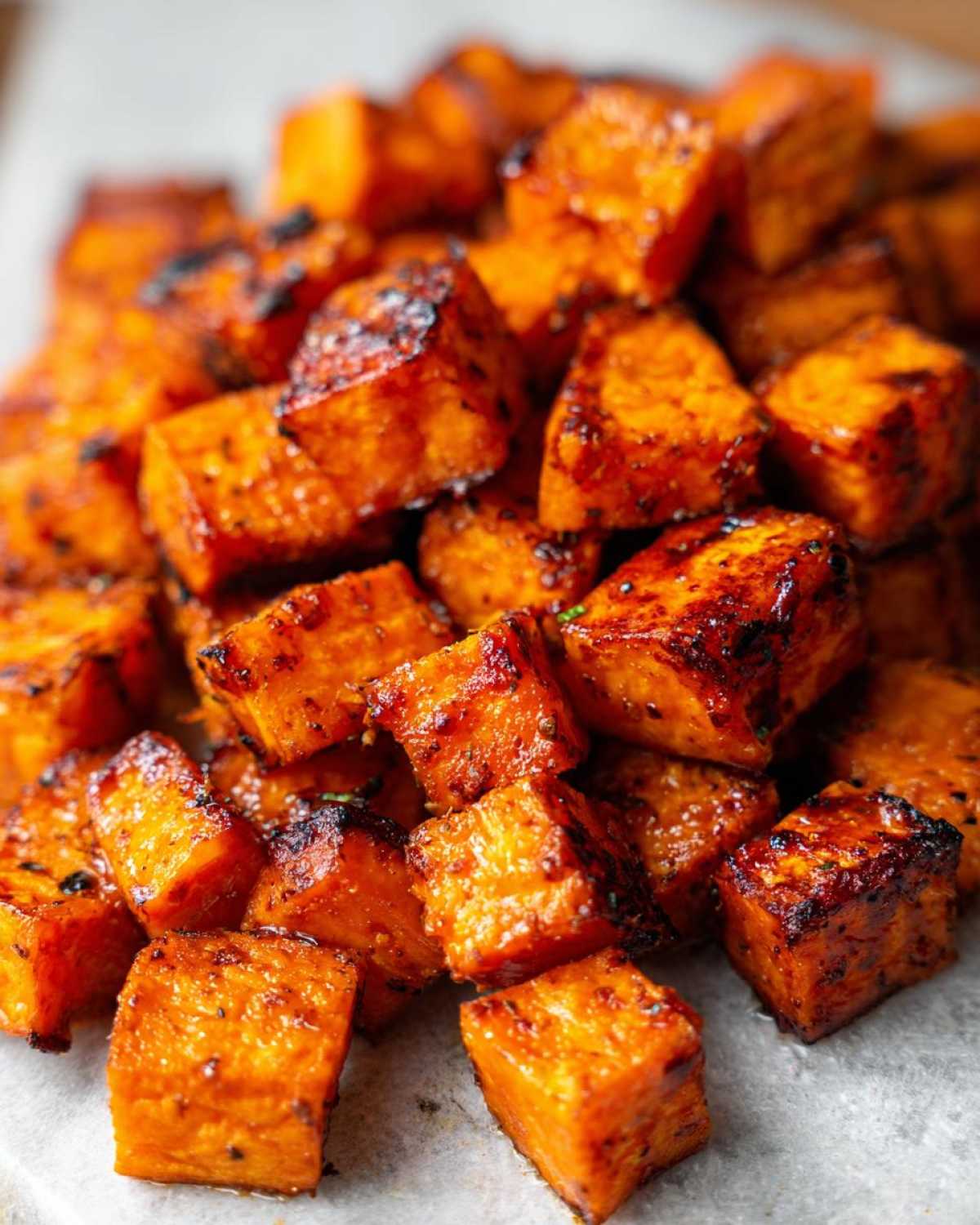A close-up shot of a pile of caramelized, roasted sweet potatoes cubes with slightly charred edges.