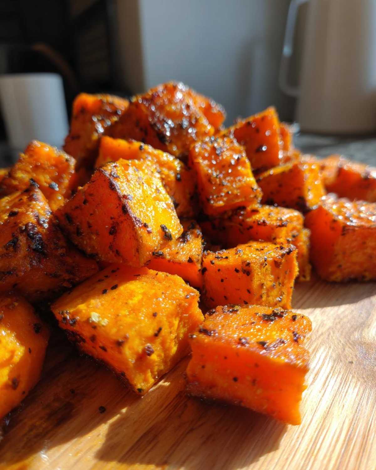 Close-up of perfectly seasoned and caramelized roasted sweet potatoes cubes piled on a wooden surface.