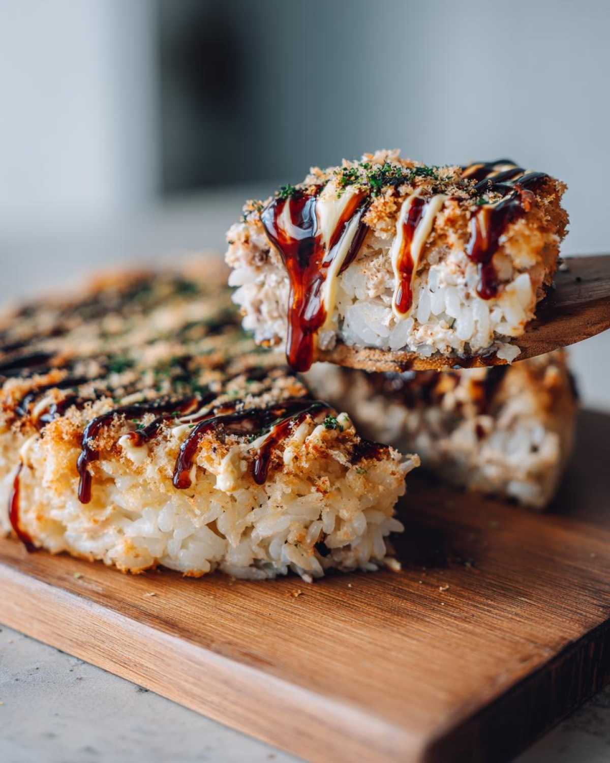 A piece of baked rice casserole, known as sushi bake, being lifted with a wooden spatula, drizzled with sauces.