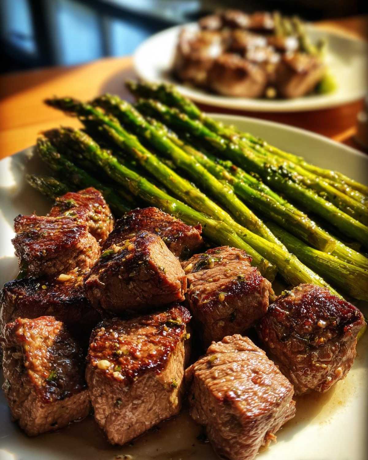 Close-up of juicy steak bites and roasted asparagus from Sheet Pan Garlic Butter Steak and Asparagus.