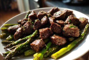 Close-up of juicy steak bites served over roasted asparagus, featuring Sheet Pan Garlic Butter Steak and Asparagus.