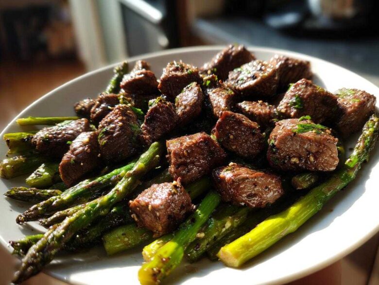 Close-up of juicy steak bites served over roasted asparagus, featuring Sheet Pan Garlic Butter Steak and Asparagus.