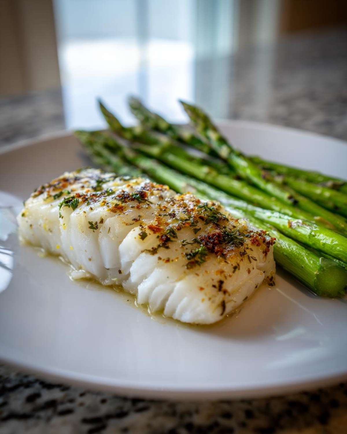Close-up of a perfectly cooked fillet of Sheet Pan Lemon Herb Cod with Asparagus on a white plate.