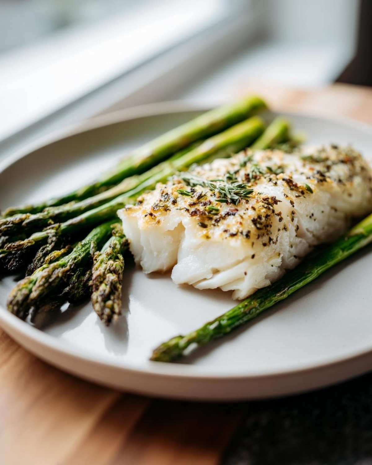 A cooked fillet of Sheet Pan Lemon Herb Cod served with roasted asparagus spears on a light plate.