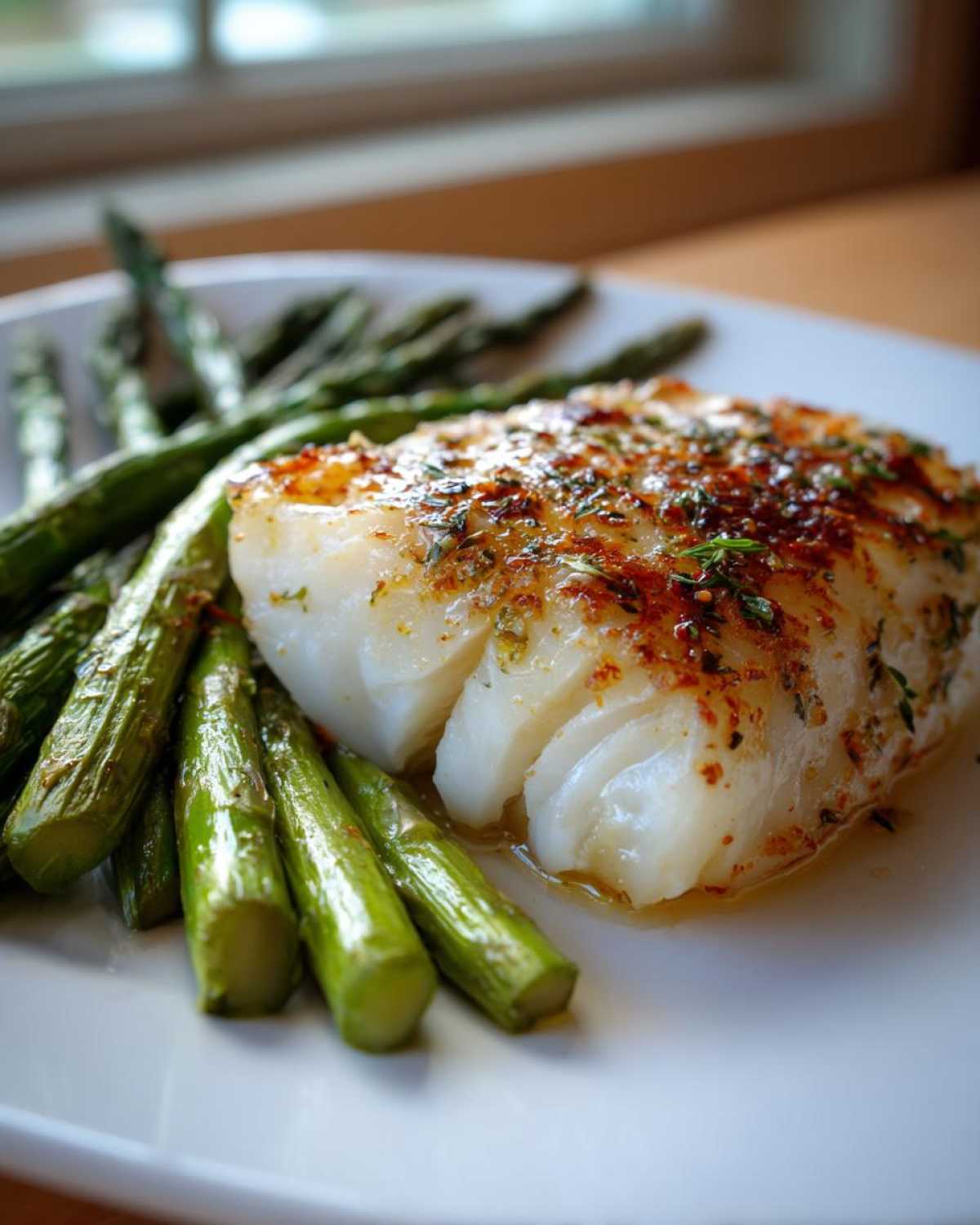 Close-up of a flaky white fillet of Sheet Pan Lemon Herb Cod served with bright green roasted asparagus on a white plate.