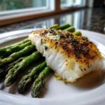A close-up of a flaky, seasoned fillet of Sheet Pan Lemon Herb Cod served alongside bright green roasted asparagus on a white plate.