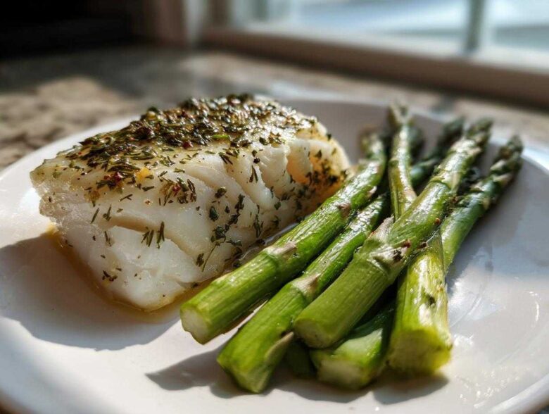 A perfectly cooked fillet of Sheet Pan Lemon Herb Cod next to bright green asparagus spears on a white plate.