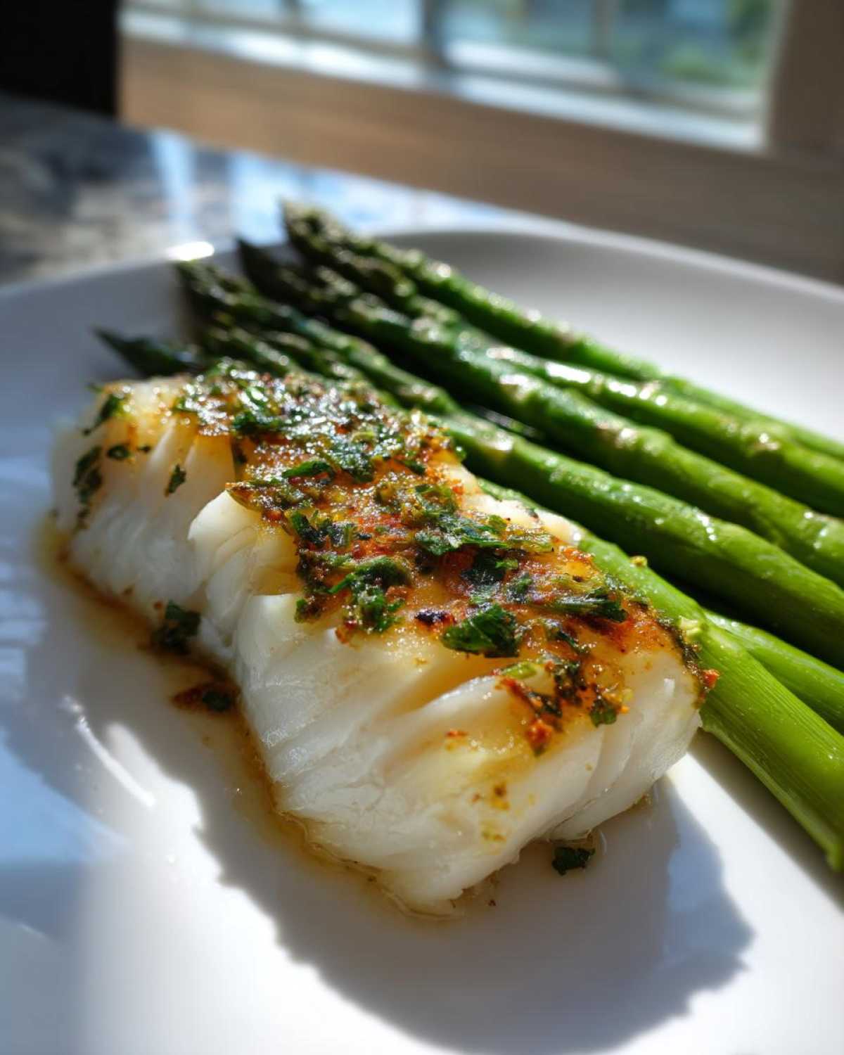 Close-up of flaky Sheet Pan Lemon Herb Cod topped with herbs next to bright green asparagus spears on a white plate.