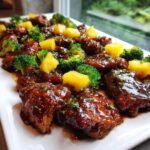 Close-up of glistening Sheet Pan Teriyaki Chicken Thighs with Pineapple chunks and bright green broccoli florets.