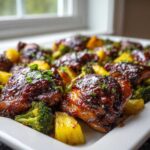 Close-up of glazed Sheet Pan Teriyaki Chicken Thighs with Pineapple and broccoli on a white platter.