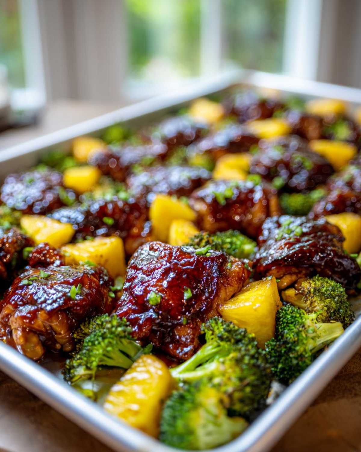 Close-up of glossy, glazed Sheet Pan Teriyaki Chicken Thighs with Pineapple chunks and roasted broccoli on a baking sheet.