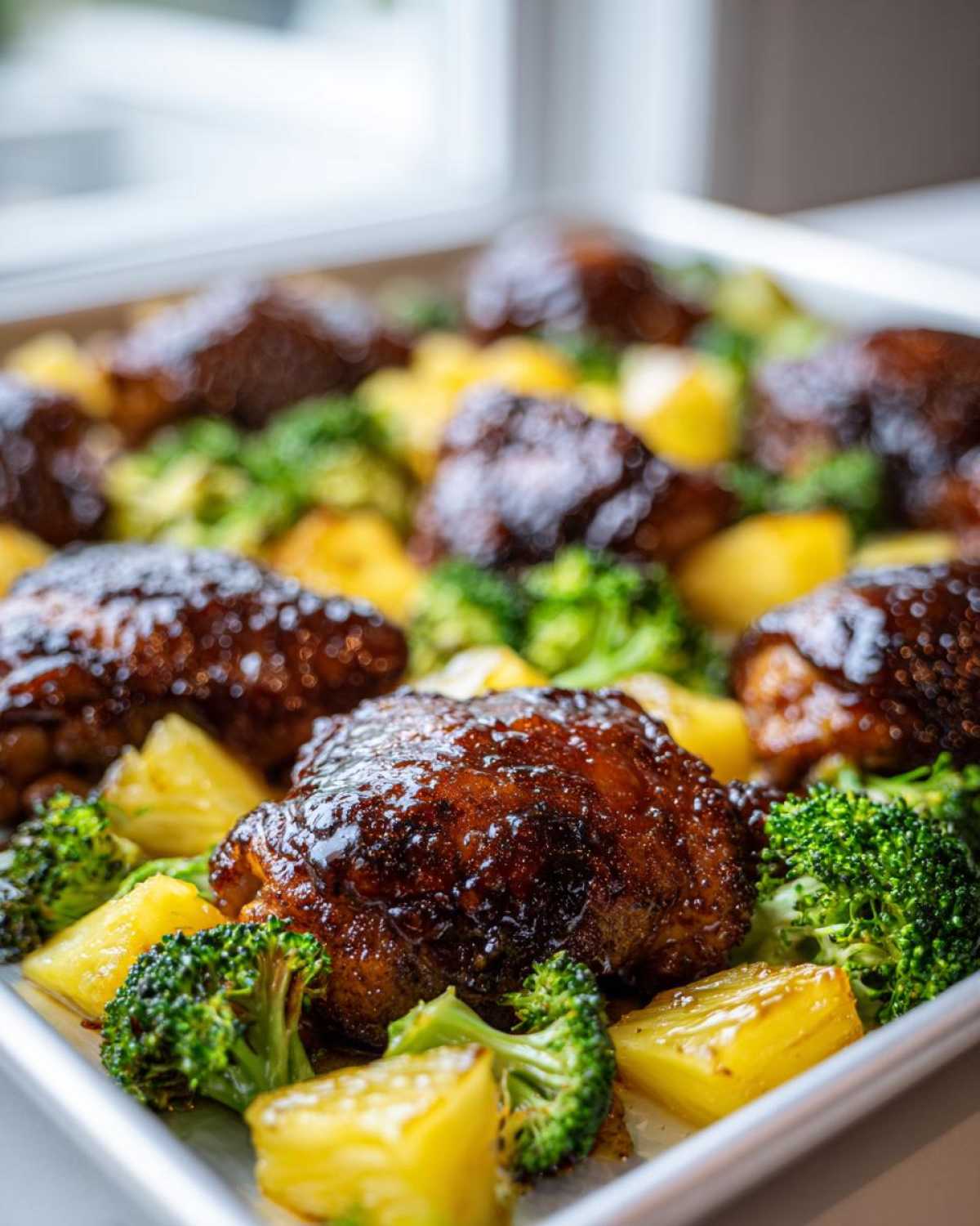 Close-up of glossy, glazed Sheet Pan Teriyaki Chicken Thighs with Pineapple chunks and bright green broccoli florets.
