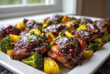 Close-up of glazed Sheet Pan Teriyaki Chicken Thighs with Pineapple and broccoli on a white platter.