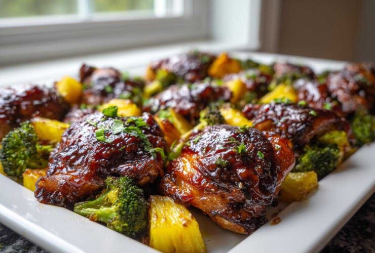 Close-up of glazed Sheet Pan Teriyaki Chicken Thighs with Pineapple and broccoli on a white platter.