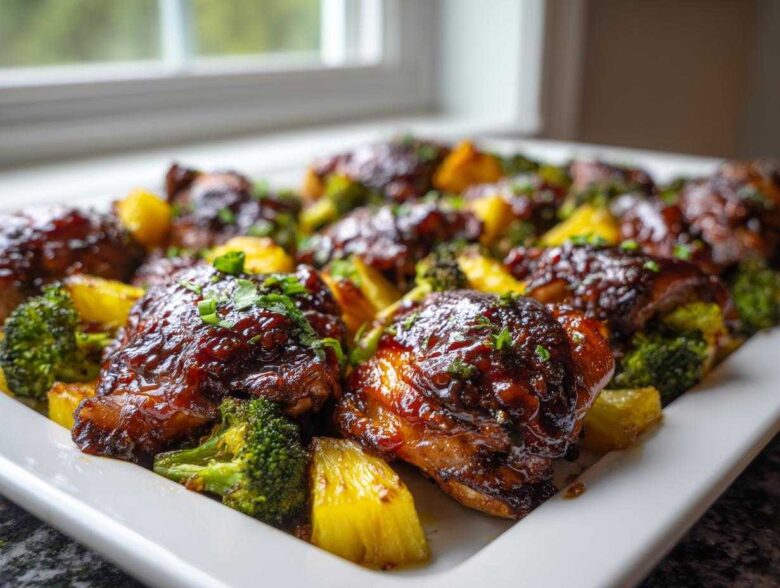 Close-up of glazed Sheet Pan Teriyaki Chicken Thighs with Pineapple and broccoli on a white platter.