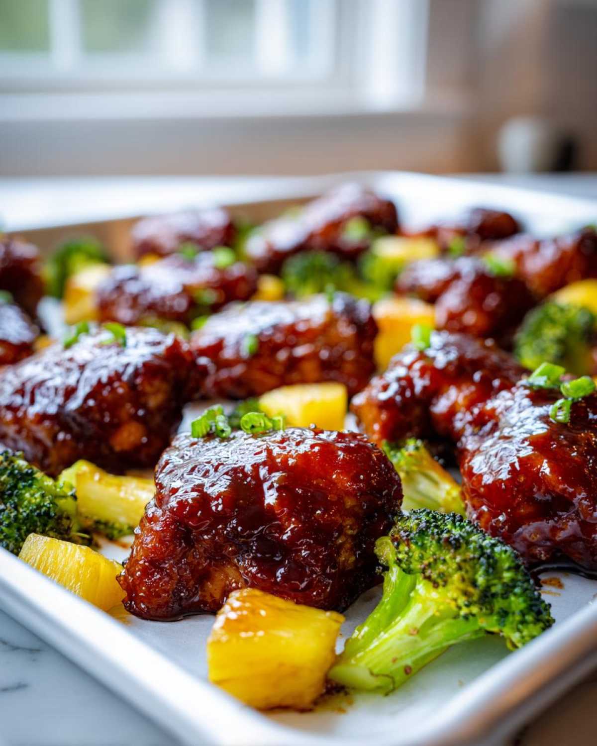 Close-up of glazed Sheet Pan Teriyaki Chicken Thighs with Pineapple chunks and bright green broccoli florets.