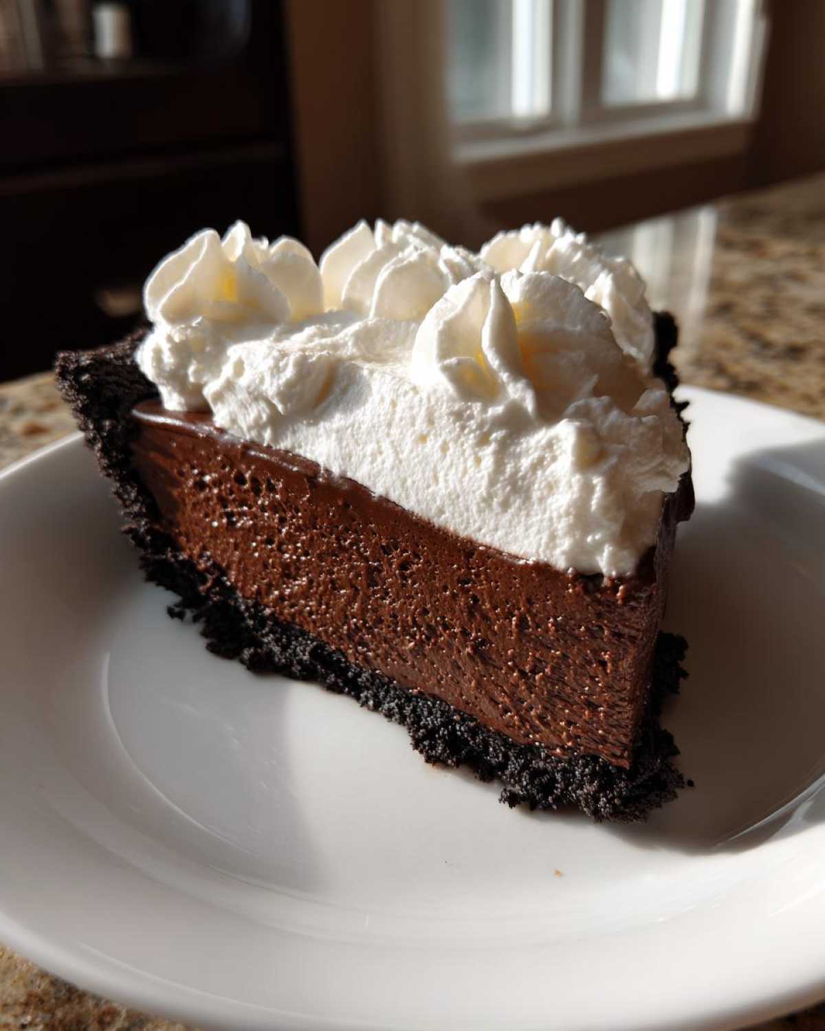 A perfect slice of chocolate mousse pie featuring a dark crust, rich filling, and piped whipped cream topping.