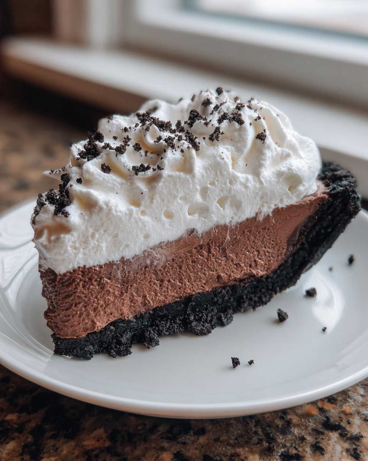 A decadent slice of chocolate mousse pie featuring a dark crust, chocolate filling, and whipped topping sprinkled with crumbs.