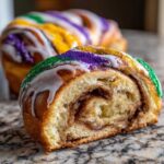 Close-up of a slice of cinnamon swirl king cake topped with white icing and green, gold, and purple Mardi Gras sprinkles.